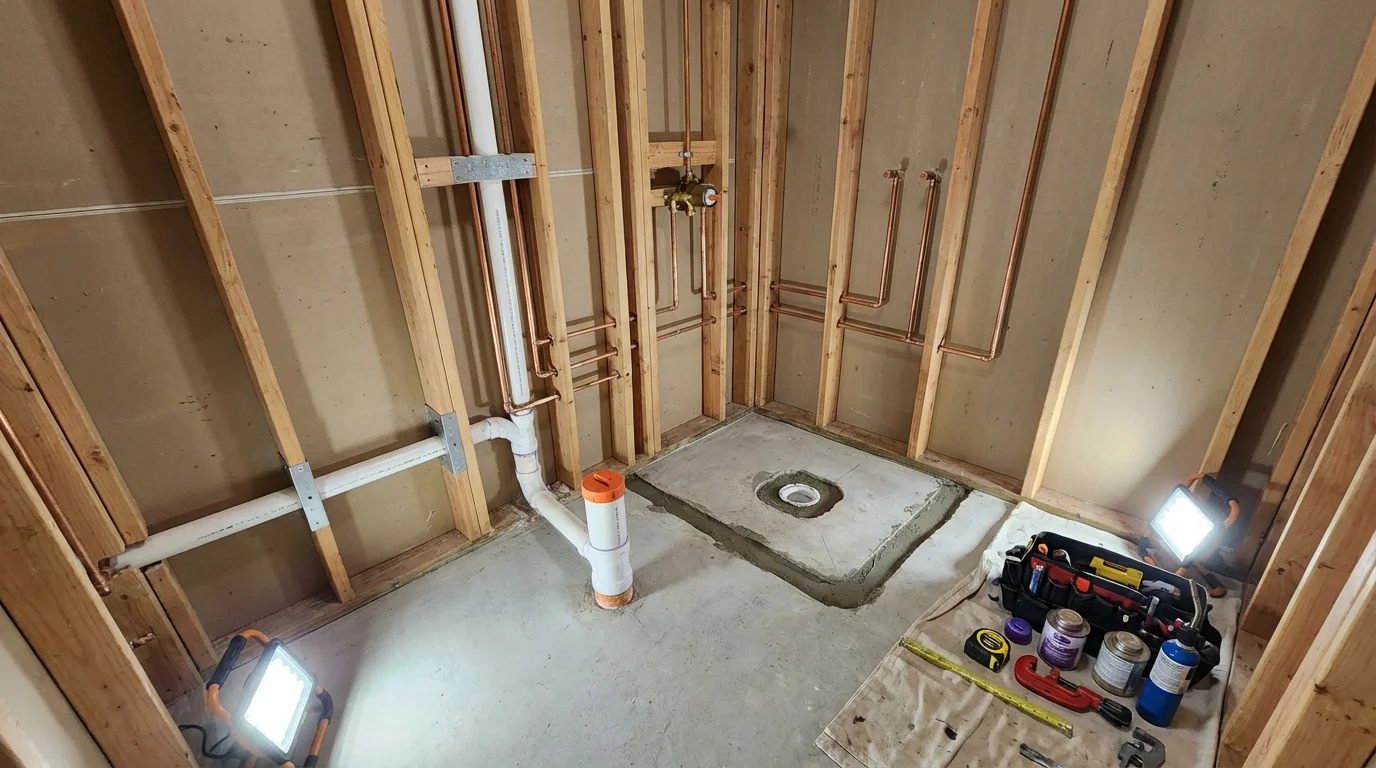 Bathroom rough-in plumbing during remodel by Johns Plumbing LLC in Centerfield