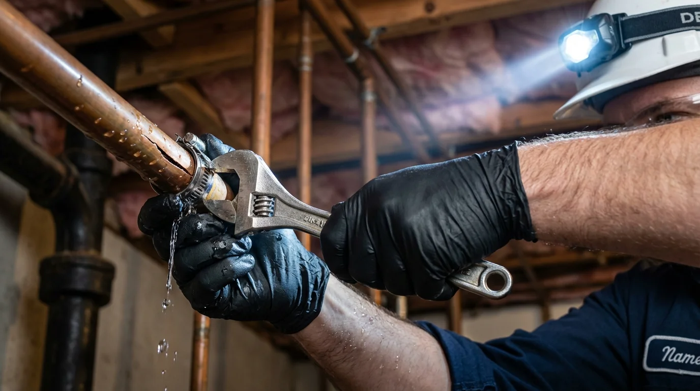 Emergency pipe clamp repair being performed by a Johns Plumbing LLC plumber in Centerfield