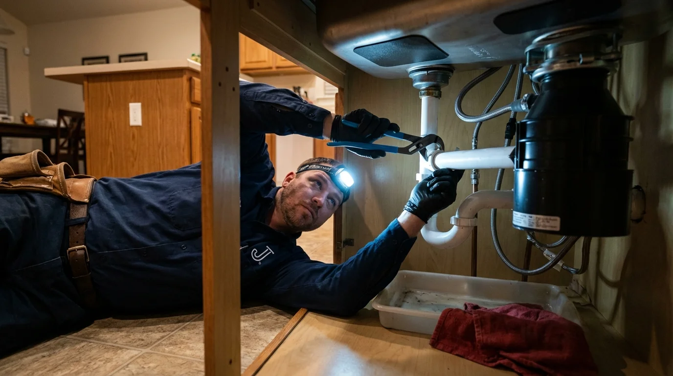 P-trap and supply line connections under a kitchen sink showing a common leak point in Centerfield, UT